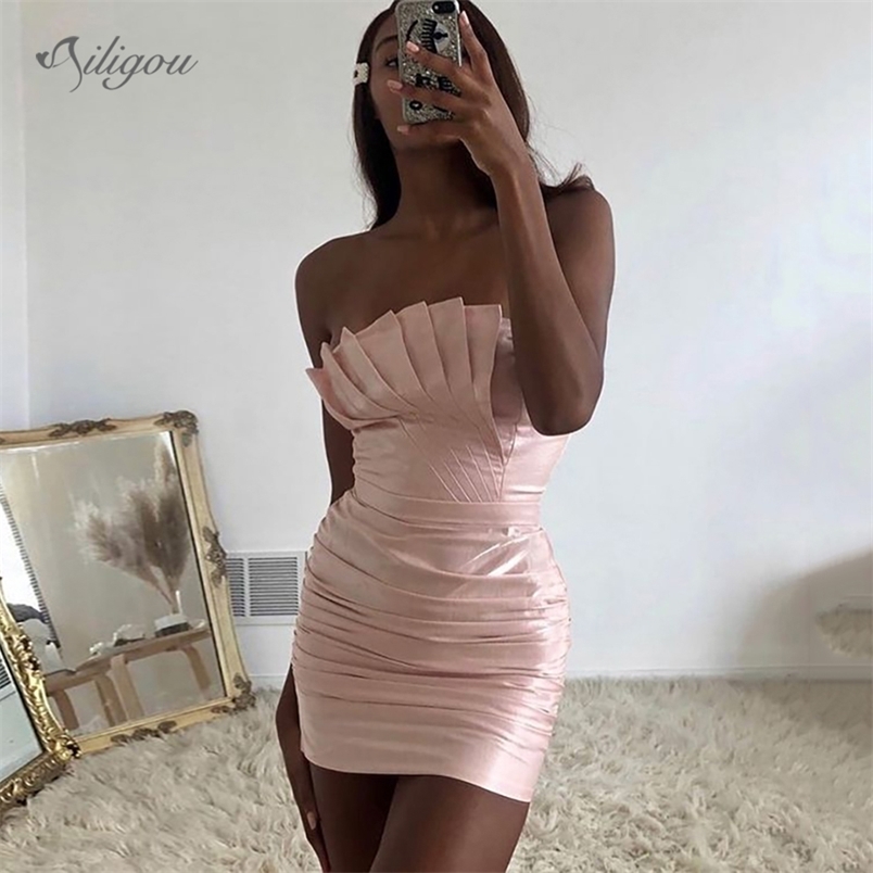 

Arrival Summer Women's Dresses in Fashion Strapless Elegant Pink Pleated Sexy Mini Party Bodysuit 210525