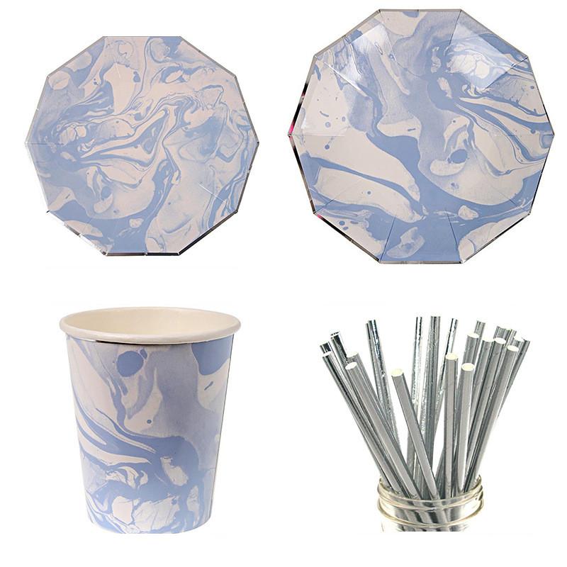 

Blue Theme Disposable Tablewares Baby Birthday Party Sets Grade Table Plates Cups Straws Supplies Dinnerware