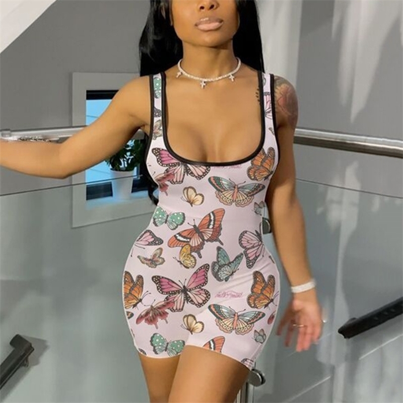 

OMSJ Summer Women Sexy U-neck Romper Shorts Butterfly Printing Sleeveless Zipper Skinny Backless Casual Jumpsuit Onesies Overall 210517, Beige