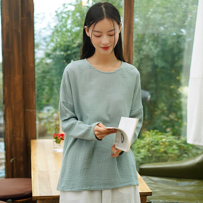 

Johnature Women Cotton T-Shirts Solid Color O-Neck Long Sleeve Loose Spring Soft Female Clothes Casual T-Shirts 210521, Light green