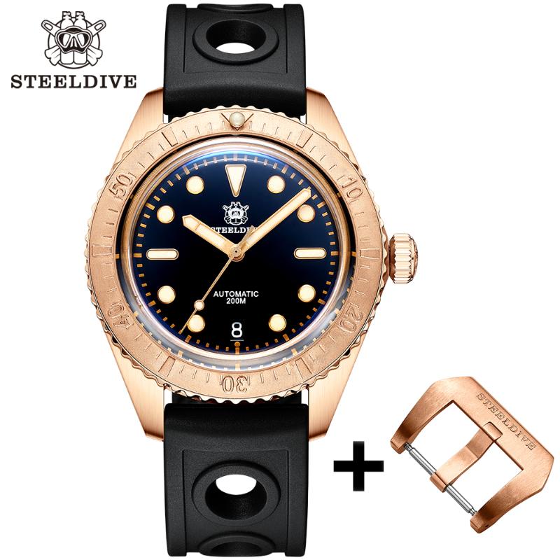 

Wristwatches STEELDIVE Bronze Watch SD1965S Swiss Super C3 BGW9 Luminous Waterproof 200M Retro Men's Mechanical Wristwatch With Buckle, 65s-hr