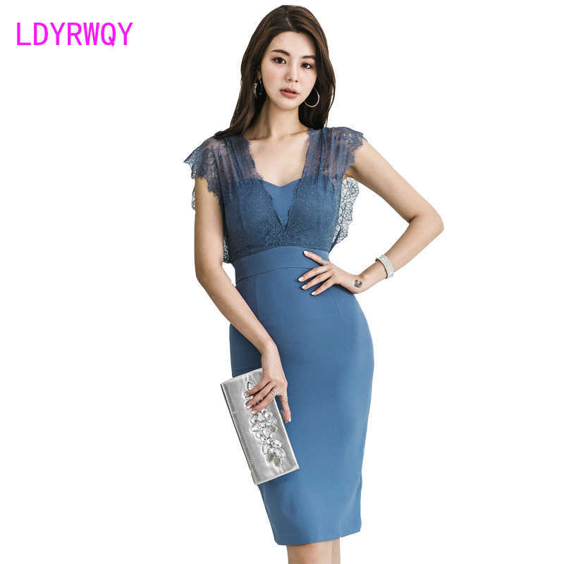 

Korean version of women's sexy V-neck sleeveless lace stitching was thin bag hip dress 210603, Sky blue