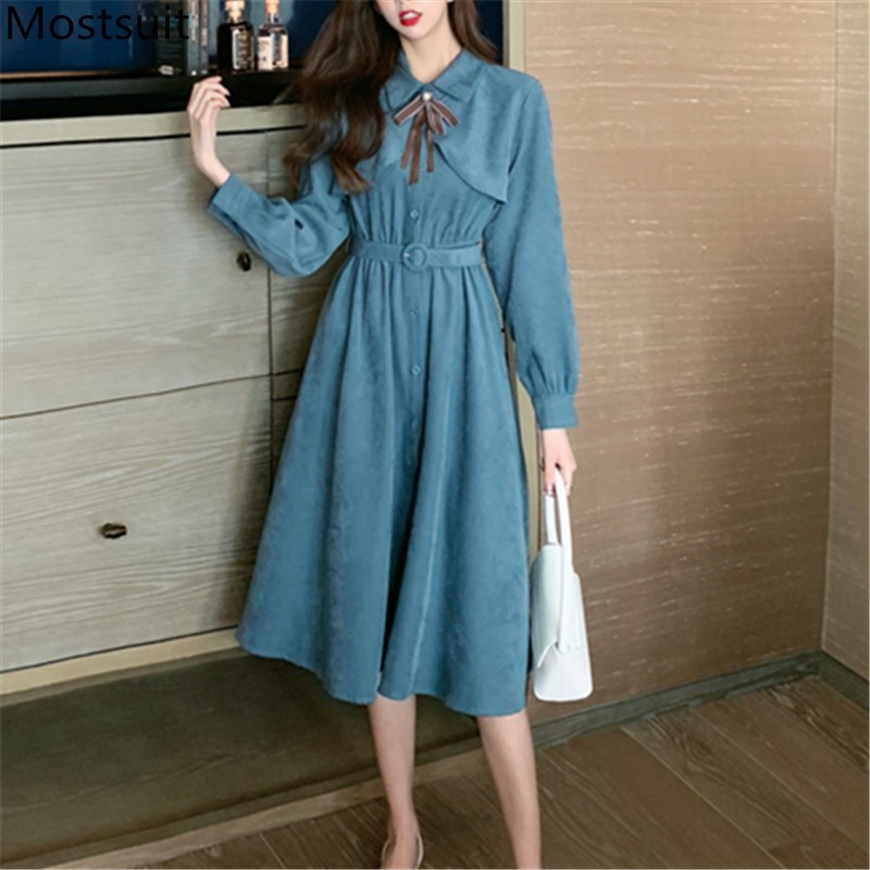 

Spring Corduroy Elegant Women Long Dress Single-breasted Belted Bowtie Pleated Dresses Vintage Fashion Female Vestidos 210518, Blue