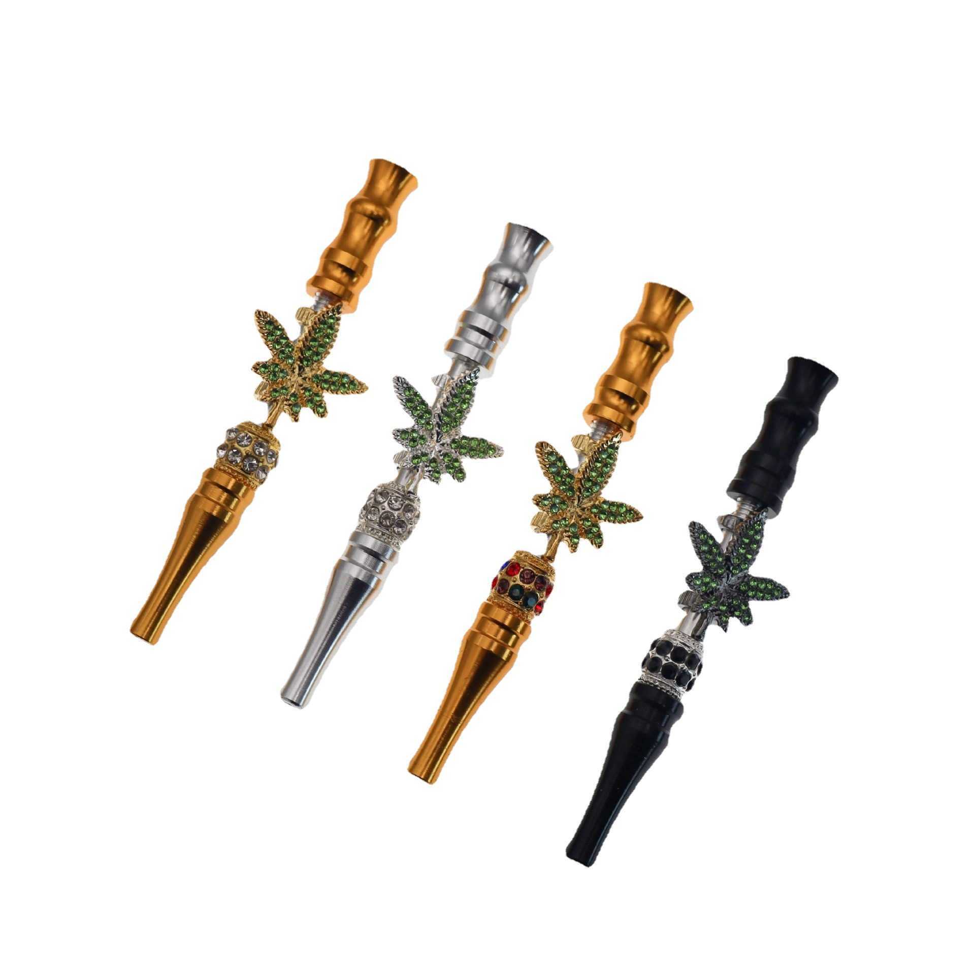 107mm long inlaid green artificial Rhinestone corkable cone raw paper maple leaf cigarette holder bluntholders-image-718951551