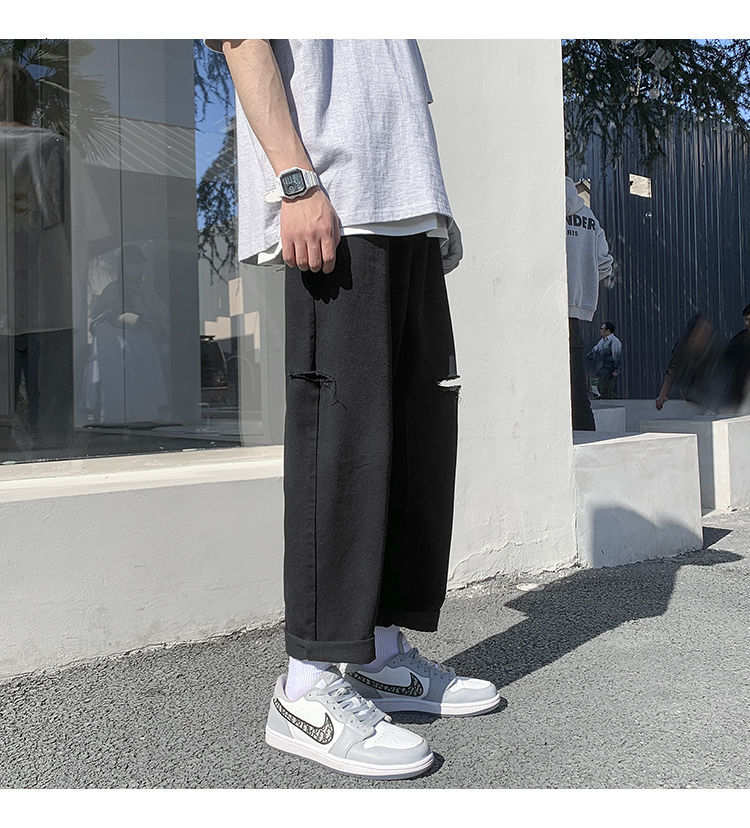 

men's jeans torn jeans, korean fashion, loose, casual, straight male, harajuku, streetwear, hip-hop, retro male pants j0k1, Blue