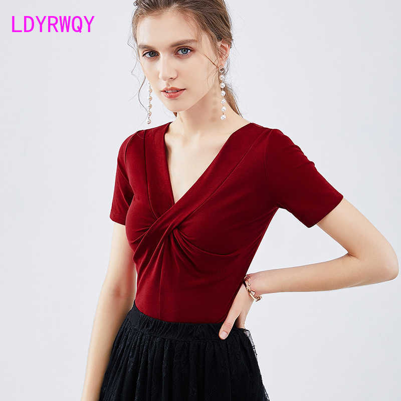 

women' tops cotton sexy cross v-neck short sleeve t-shirt Polyester Cotton Broadcloth Regular 210603, Black