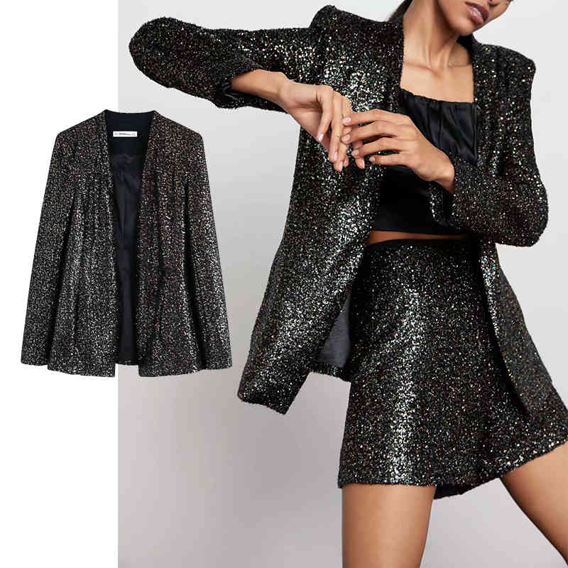 

Women's Down & Parkas Women spring Autumn Beads Sequins coat Turn-down Collar Coat Long Lady Streetwear Outerwear VOA6, Black