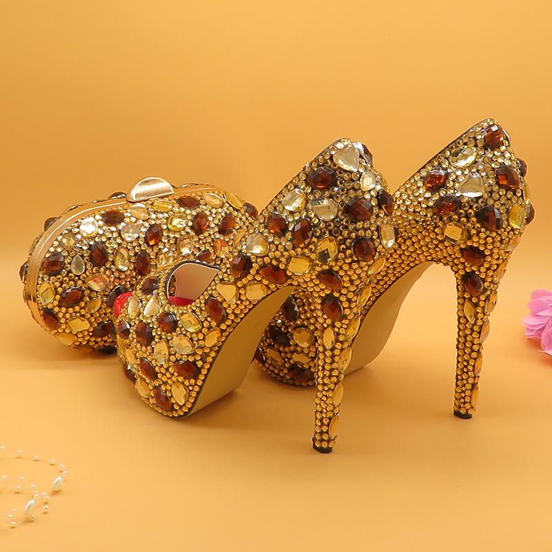 

Dress Shoes BaoYaFang Peep Toe Champagne Coffee Crystal Wedding Bride Woman High Heels Platform And Bags Set Fahion Pumps, 14cm shoe