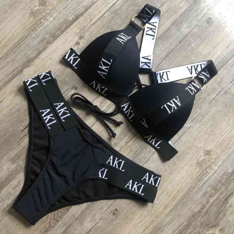 Sexy 2021 bikini set Letter print swimsuit female push up Bandage black swimwear women Biquini Swimming bathing suit Bather