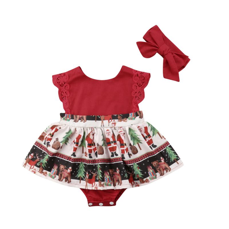 

Girl's Dresses 2Pcs Christmas Romper Dress Born Baby Girls Red Lace V-neck Sleeveless Jumpsuits Xmas Party Santa Headband Set