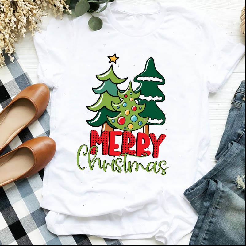 

women t shirt lady cartoon tree merry christmas letter print short sleeve o neck loose tshirt summer tee, White