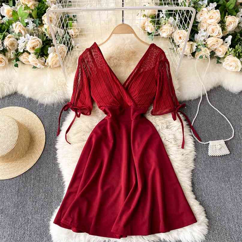 

Women's Summer Dress Chic Patchwork V-neck Lace-up Short Sleeve Mini Slim High Waist A-line Party 210603, Black