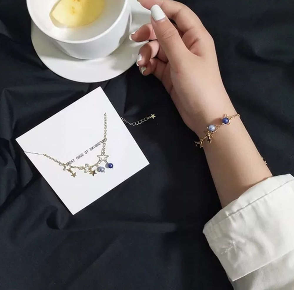 

Hand catenary Girl style simple hollow out Star Blue imitation pearl artistic fresh bracelet anklet, Golden;silver
