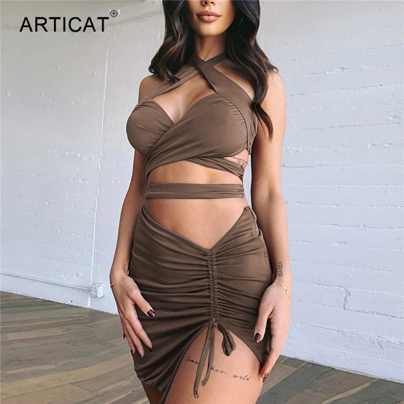 

bodycon ruched bandage two pieces dress set women halter hollow out backless mini club outfit party dstring suithigh quality, Black;gray