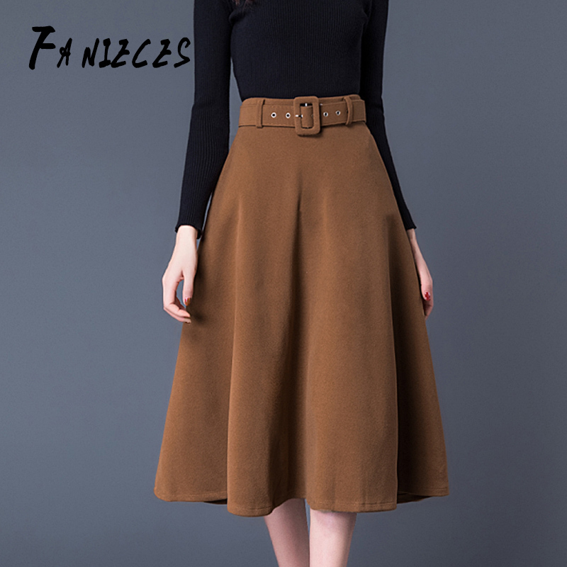 

Women Autumn Winter Vintage Long Wool Skirts Female High Waist Woolen A-Line Elegant Pleated jupe femme falda 210520, Gray