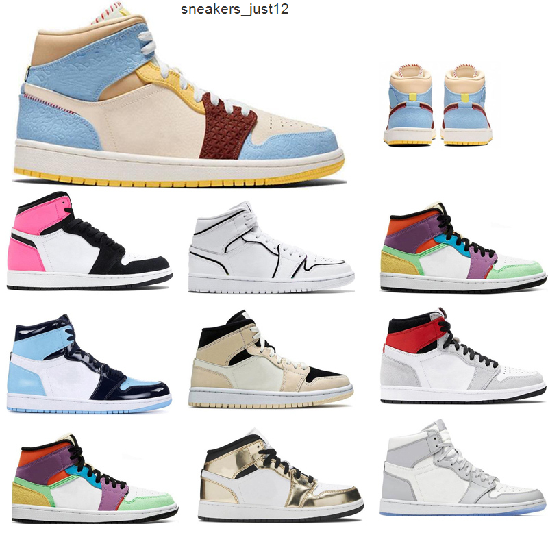 

Retro (boxed) men's high-top 1 basketball shoes women's pink white green multicolor stitching sneakers