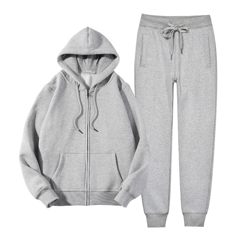 

Spring and autumn sports leisure suit women's cardigan thin hooded two-piece set Korean loose zipper Plush sweater jacket, Gray