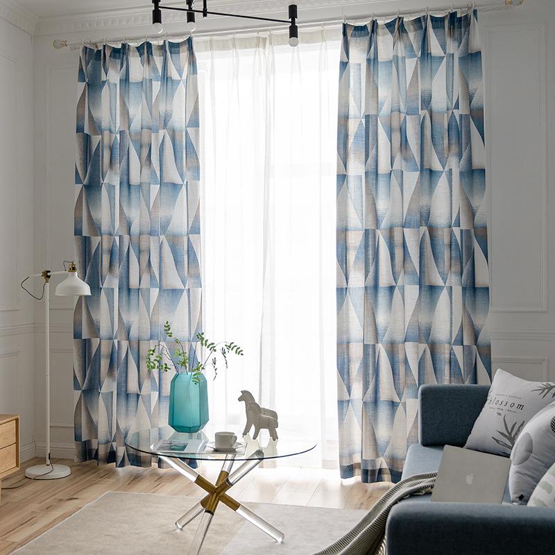 

Curtain & Drapes Geometric Imitation Jacquard Blue Nordic Modern Cotton And Linen Printing Semi-blackout Curtains For Living Room Bedroom