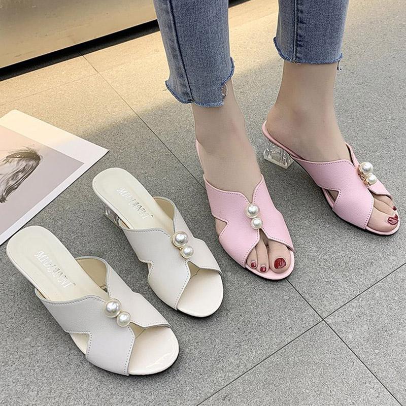 

Slippers Plus Size 34-43 Women Peep Toe High Heels Slides Clear Heel Pearls Slipper Transparent Wedding Shoe Zapatos Mujer 9116N, Pink