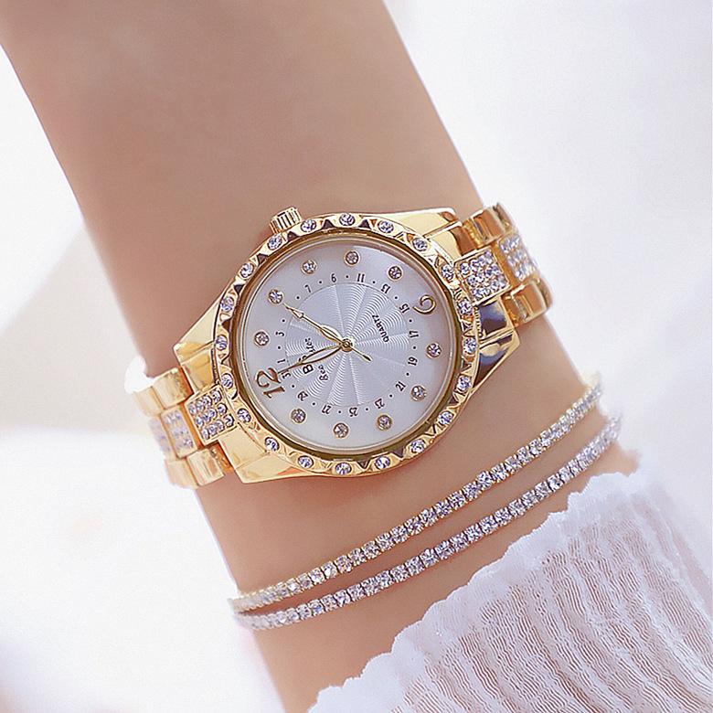 

Wristwatches BS Neue Full Diamant Frauen Uhr Kristall Damen Armband Handgelenk Uhren Quarz Fur 152935, Gold