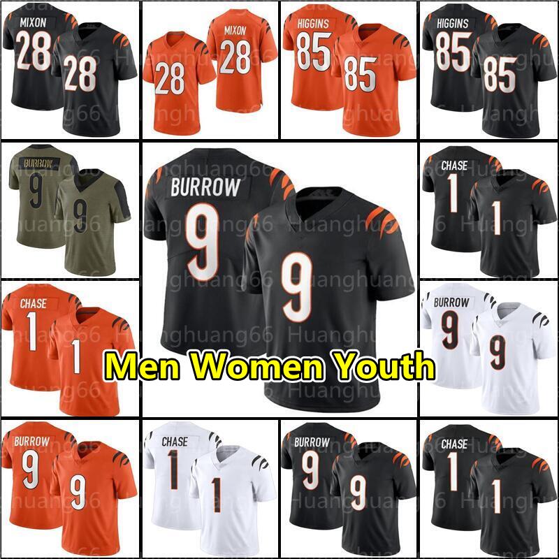

9 Joe Burrow Ja'Marr Chase Tee Higgins Football Jersey Jessie Bates III Mixon Sam Hubbard Tyler Boyd Vonn Bell Darius Phillips Wilson Bernar, Black;red