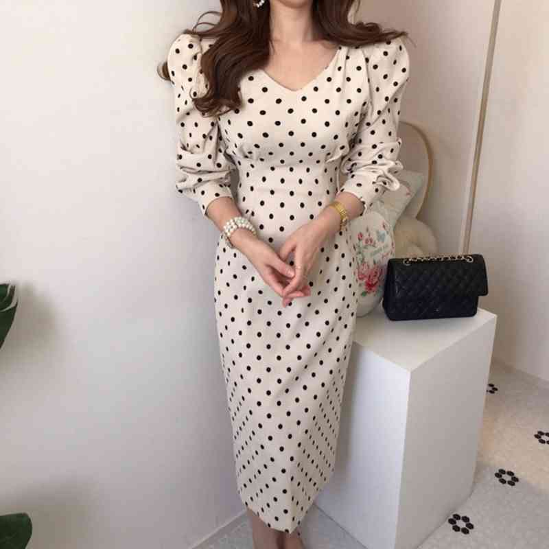 

Women Elegant Dot Dress Spring Autumn Sweet Puff Sleeve Sexy V Neck Midi es Ladies Office Slim Bodycon Long Robe 210602, Brown