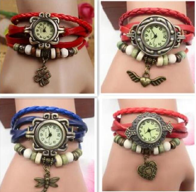 

Women watch Mixed Style Vintage Weave Wrap Around Charm Bead Leather Bracelet Leaf Butterfly Horse Eiffel Tower Heart Wings owl Quartz Watches, Leave a message about color and pattern