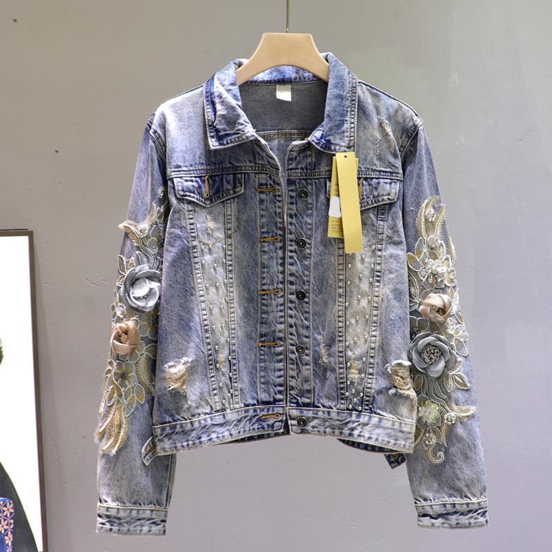 

Women' Jackets Ripped Jean Jacket For Women 2021 Spring And Autumn Three-Dimensional Flowers Tassel Beaded Denim Coat Short, Blue