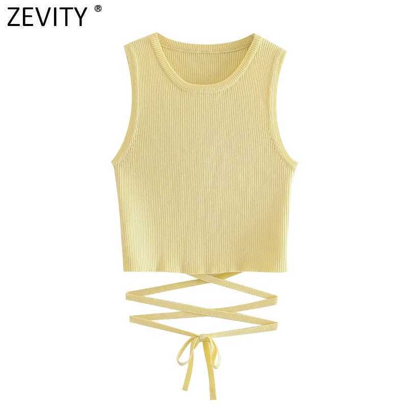 

Zevity Women High Street Chic Solid Color Short Knitting Camis Tank Lady Summer Hem Bandage Sleeveless Vest Crop Tops SW844 210603, Daa sw844y