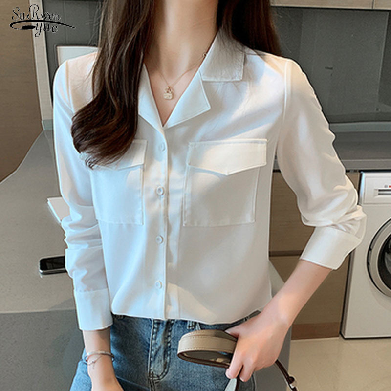 

Autumn Korean OL Suit Collar Ladies' Tops Long Sleeve Chiffon Blouse Women' White Shirt Cardigan Ropa De Mujer 10696 210521