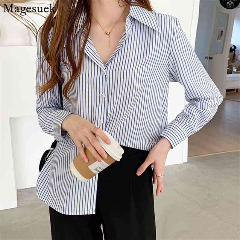 

Striped Turn-down Collar Long Sleeve Wild Women's Shirts Loose Chiffon Tops Women Fashion Autumn Cardigan Blouse 11251 210518, Blue
