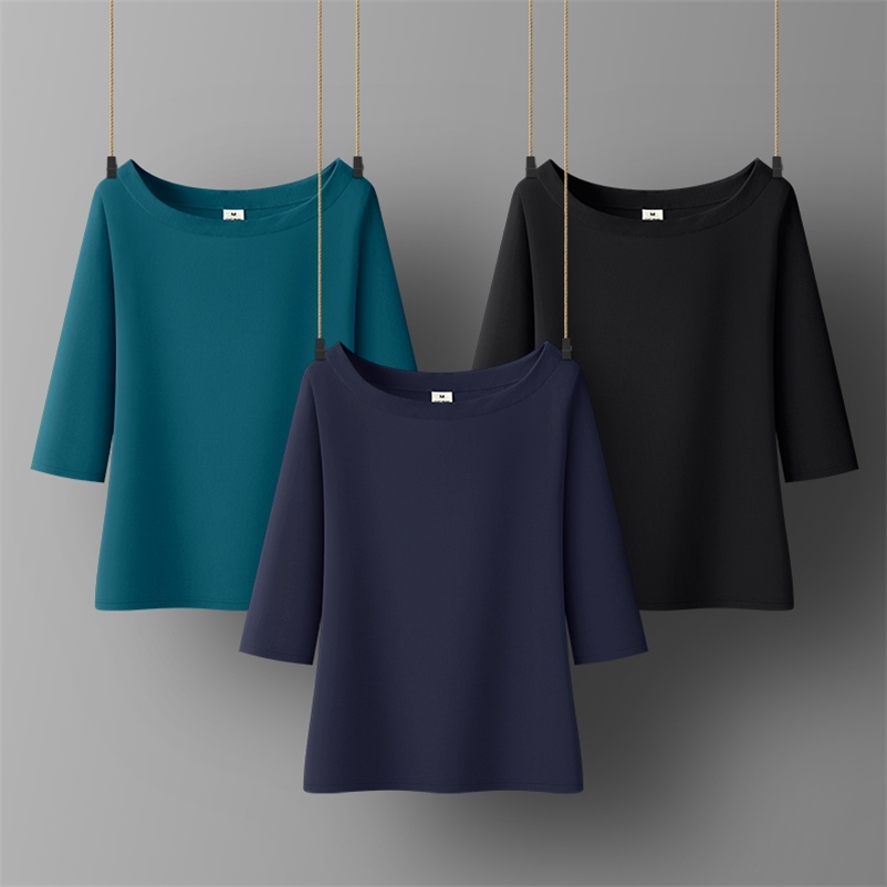 

Women Soft Cotton T-shirt Slash Collar Solid color Lady Tees Half Sleeve Summer Women's clothings All match Female T-shirts 210722