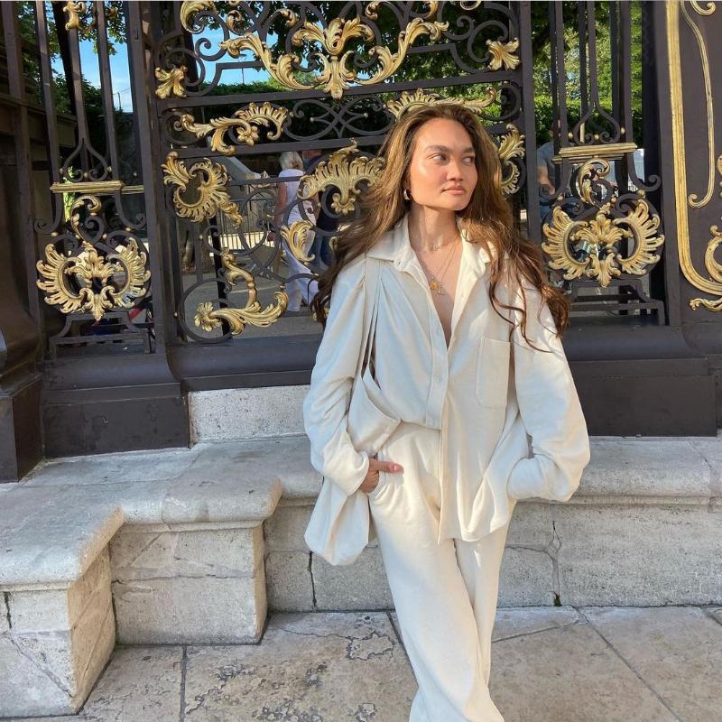 

Women' Two Piece Pants 2021 Spring Autumn Loose Women Set Casual Long Sleeve Button Tops + Outfit Elegant Office Lady Shirt Suits, Ivory