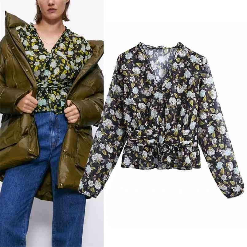 

Black Printed Plumetis Chiffon Blouse Women Elastic Pleated Waist Long Sleeve Tulle Ruffle Top Ladies Vintage Blouses 210519, Print