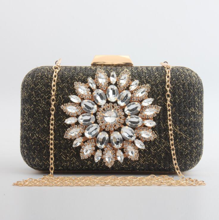 

Factory wholesale women bag elegant atmosphere sunflower straw clutch dinner bags oversized diamond chains handbag summer Joker Knitting handbags, Black(boutique box)