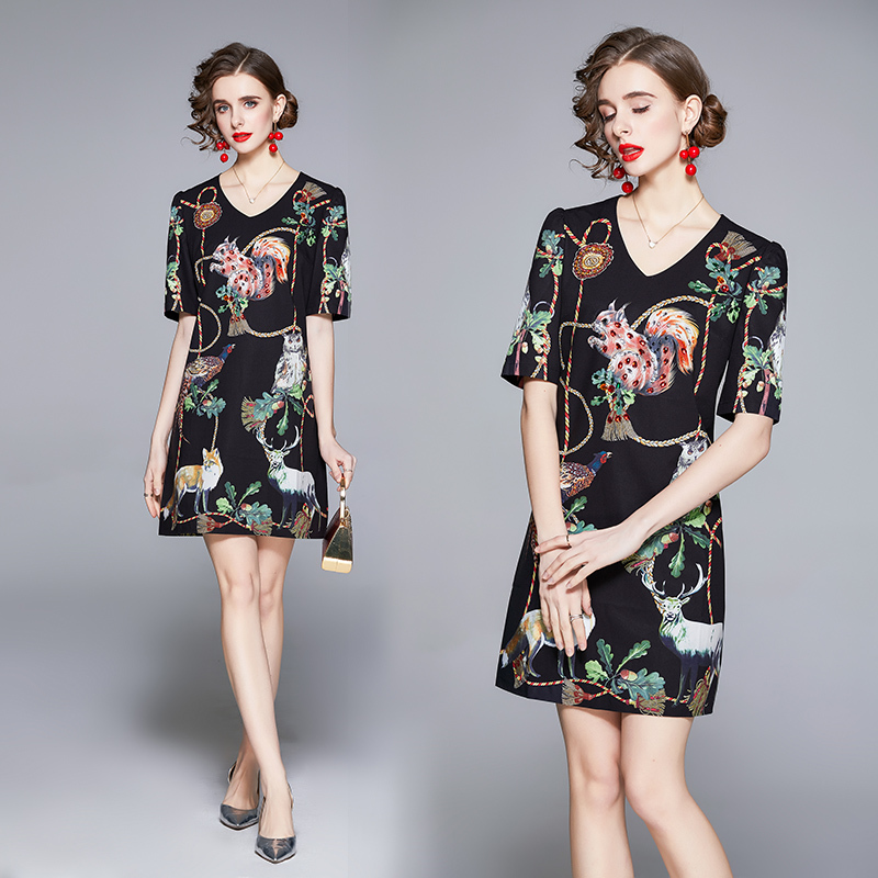 

European station spring and summer women's diamond short-sleeved animal print fashion waist black short dress 210525