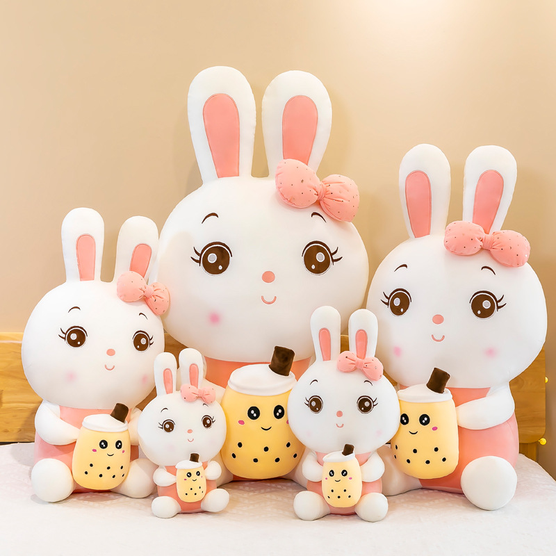 

Kids Toy Plush Toys Easter Legged Bunny With Milk tea Cup Stuffed Plush Animals Soft Pink Lying Noble Doll Pillow Cushion Gift Open Surprise Wholesale In Stock, Same as picture