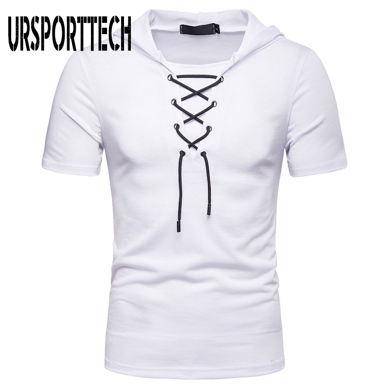 

Hooded T Shirts Men Jacobite V Neck Male White Black Bandage Tops Casual Fit Short Sleeve Street Wear