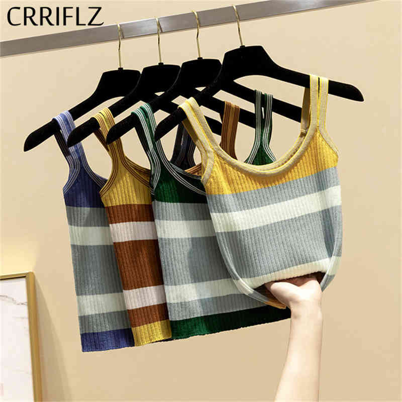 

Summer Short Striped Knitted Camis Top Women Casual Sleeveless Tank 210520, Brown