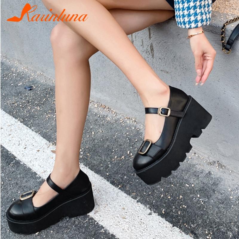 

Arrivals Brand Design Shoes Women Gothic Style Solid Black PU Platform Skidproof Ankle Strap Chunky Heels Pumps Female Dress