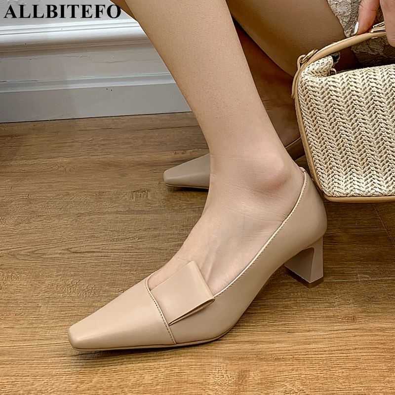 

ALLBITEFO autumn/spring genuine leather thick heels party women shoes brand high heels women high heels shoes high heel shoes 210611, As picture