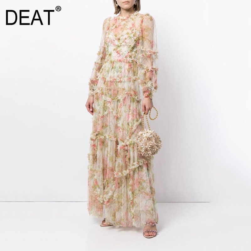

[DEAT] Bohemian Holiday Lantern Long Sleeve Wood Ear Edge Print Screen Dress Skirt Women Spring And Summer 210527, Black