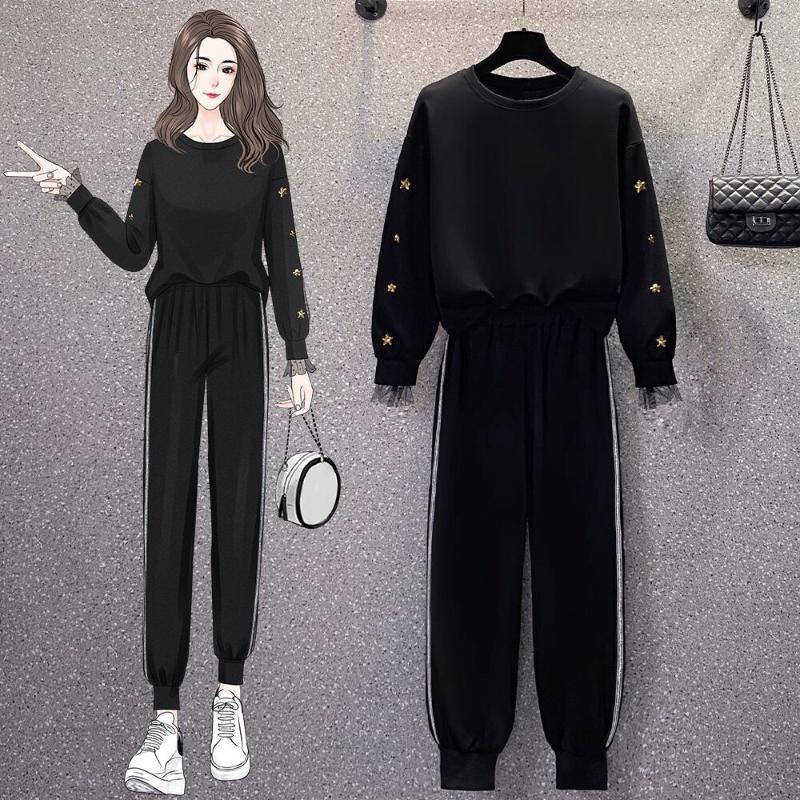 

Women's Two Piece Pants Sequin Top And Striped Jogging Suit Ensemble Femme 2 Pieces Spring Set Tracksuit Women Clothes Conjunto Feminino, White