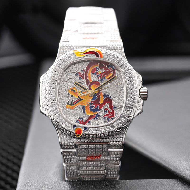 

Mens Watches Full Diamond Watch Fully Automatic Mechanical Wristwatch Stainless Steel Strap Sapphire Life Waterproof Montre De Luxe, Silver