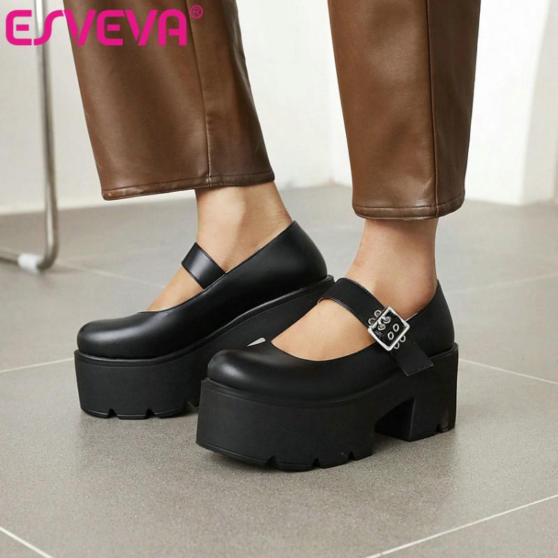 

Dress Shoes ESVEVA 2021 Spring Elegant Round Toe Concise Female Square High Heels PU Patent Leather Fashion Platform Women Size 36-43, Black