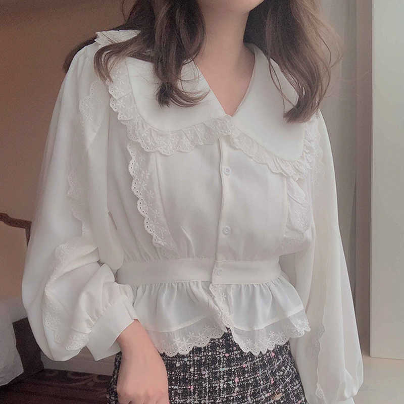 

WOMENGAGA Korean Spring Summer Tops French Lace Ruffle Long Sleeve Shirt Short Top Blouse Sweet Women V7DP 210603, Mixed color