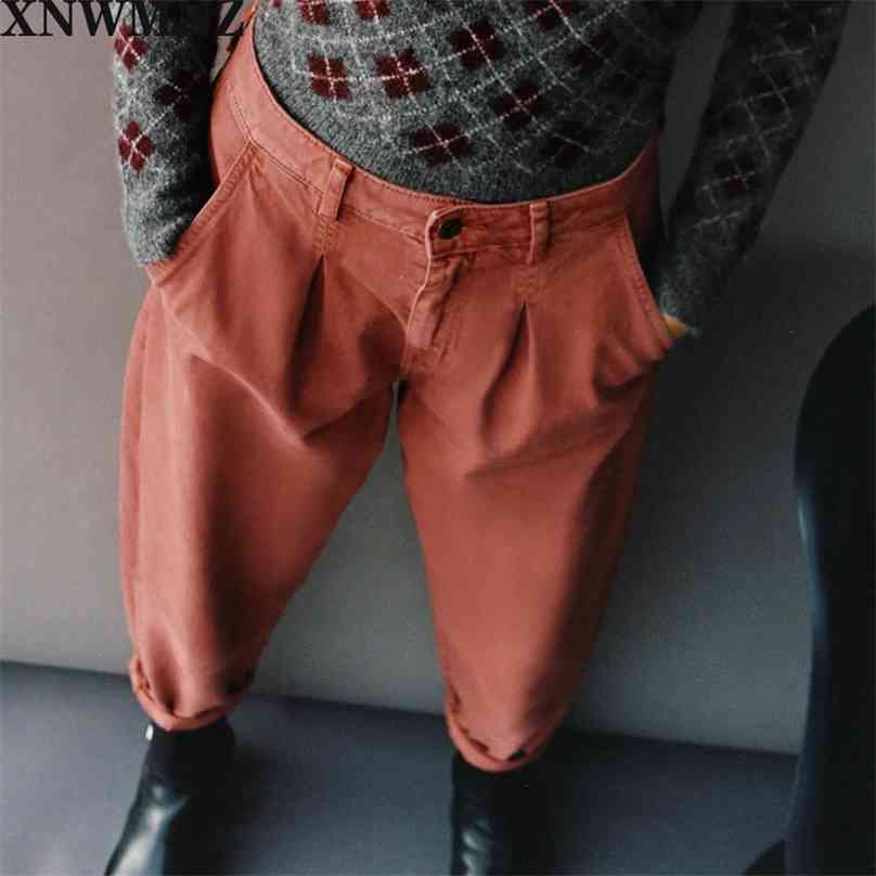 

women Faded high-waist jeans with front darts slouchy darted patch pockets zip metal top button 210520, Coral red