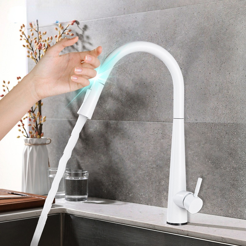 

White Touch Sensor Kitchen Faucets Pull Out Smart Mixer Tap 2Ways Sprayer Kitchen Faucet 360 Rotation Hot Cold Water Taps Crane