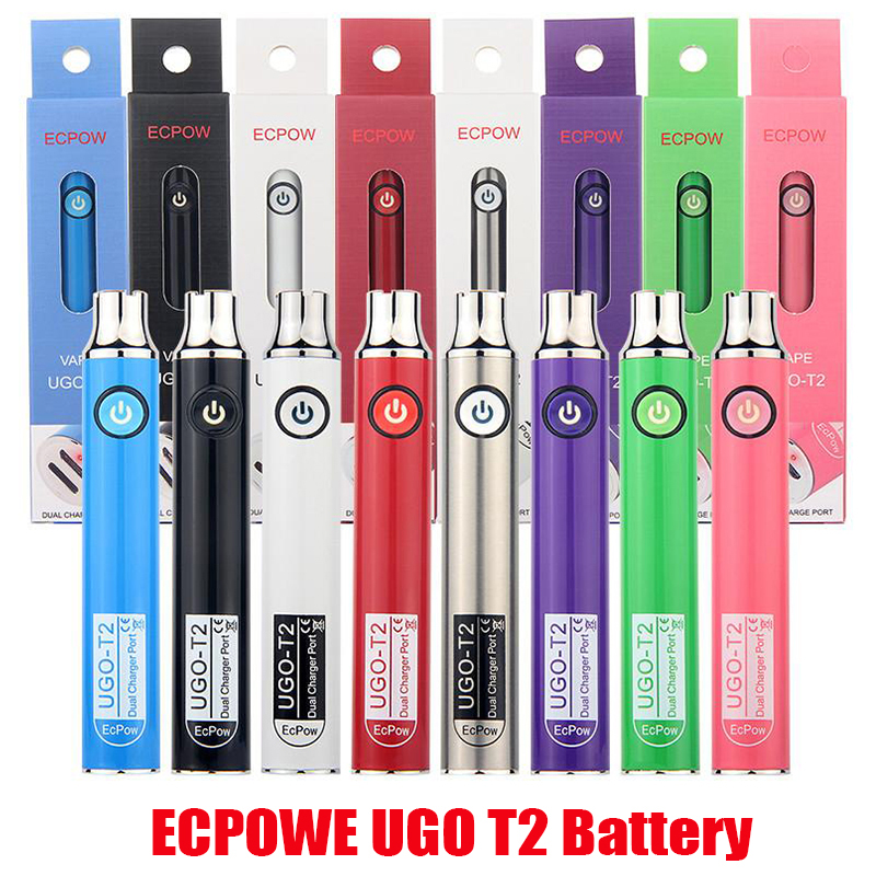 

Authentic ECPOWE UGO T2 Variable Voltage 650mAh 900mAh Battery Preheat VV Dual Charger Port Vape Pen Batteries For 510 Thread Thick Oil Cartridges Hot 100% Genuine, Multi