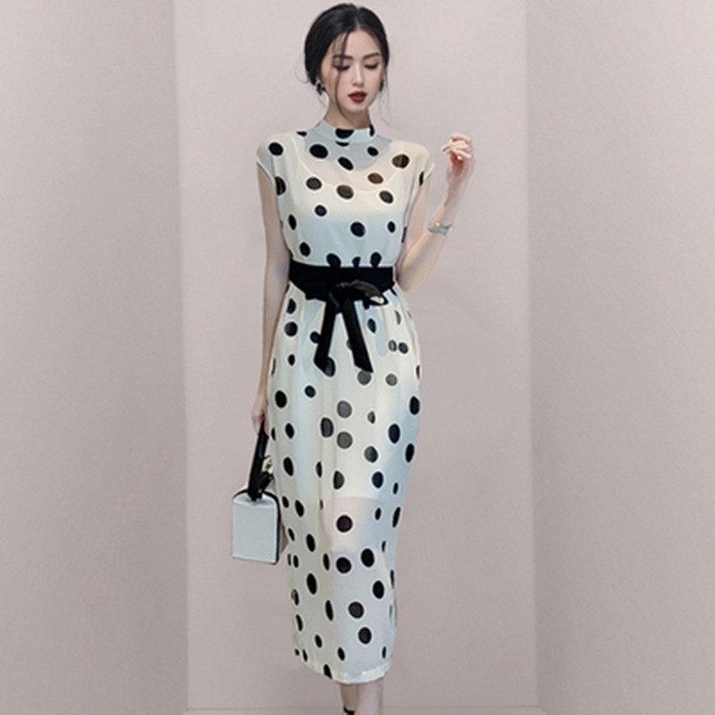

Womens Polka Dot Sleeveless Elegant Dress Office Lady Evening Party Bodycon Lace-Up Sheath Pencil Dresses Work Vestidos 210520, Picture color
